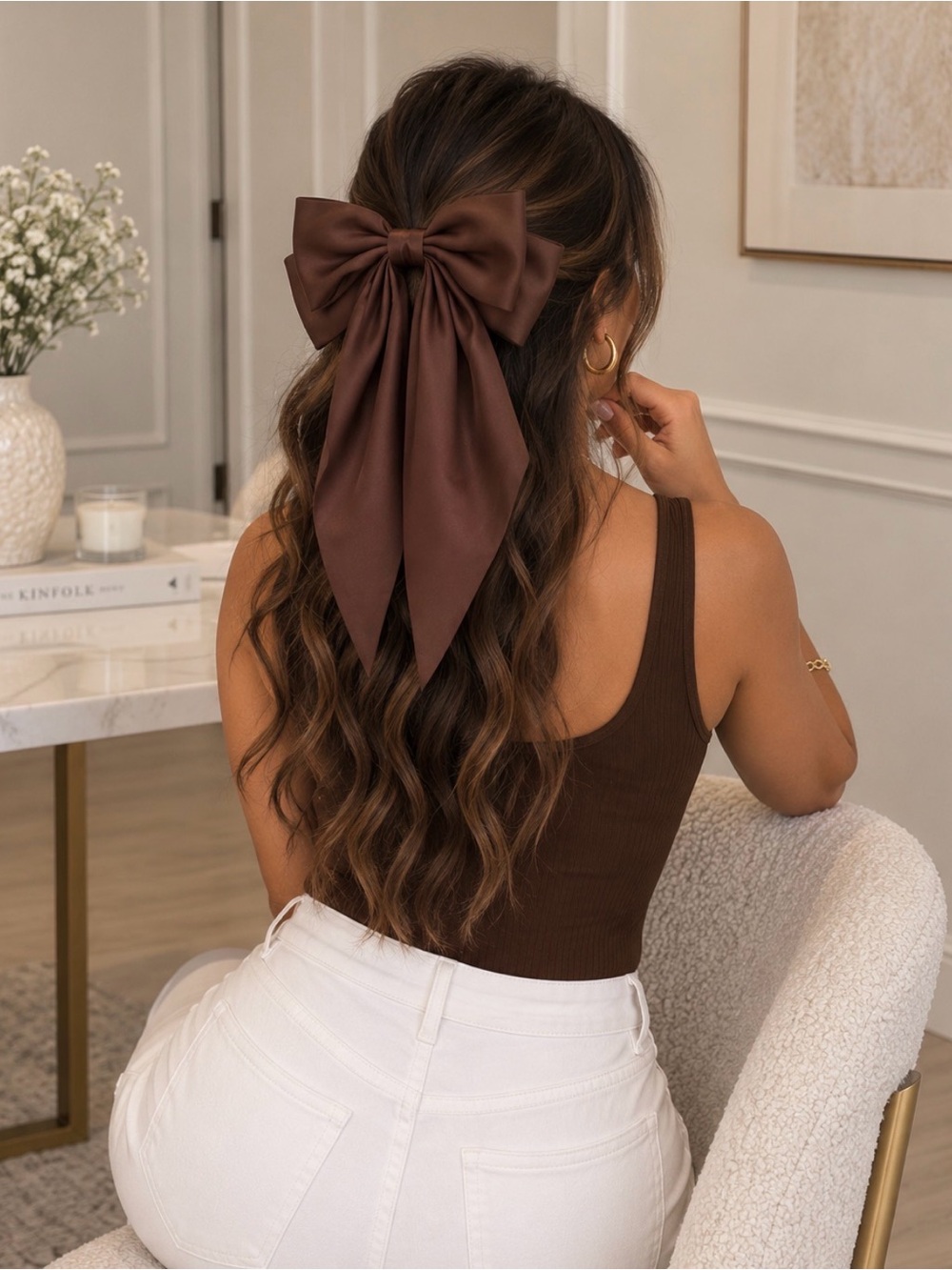 Elegant Brown Satin Hair Bow Tie - Women's Hair Accessory
